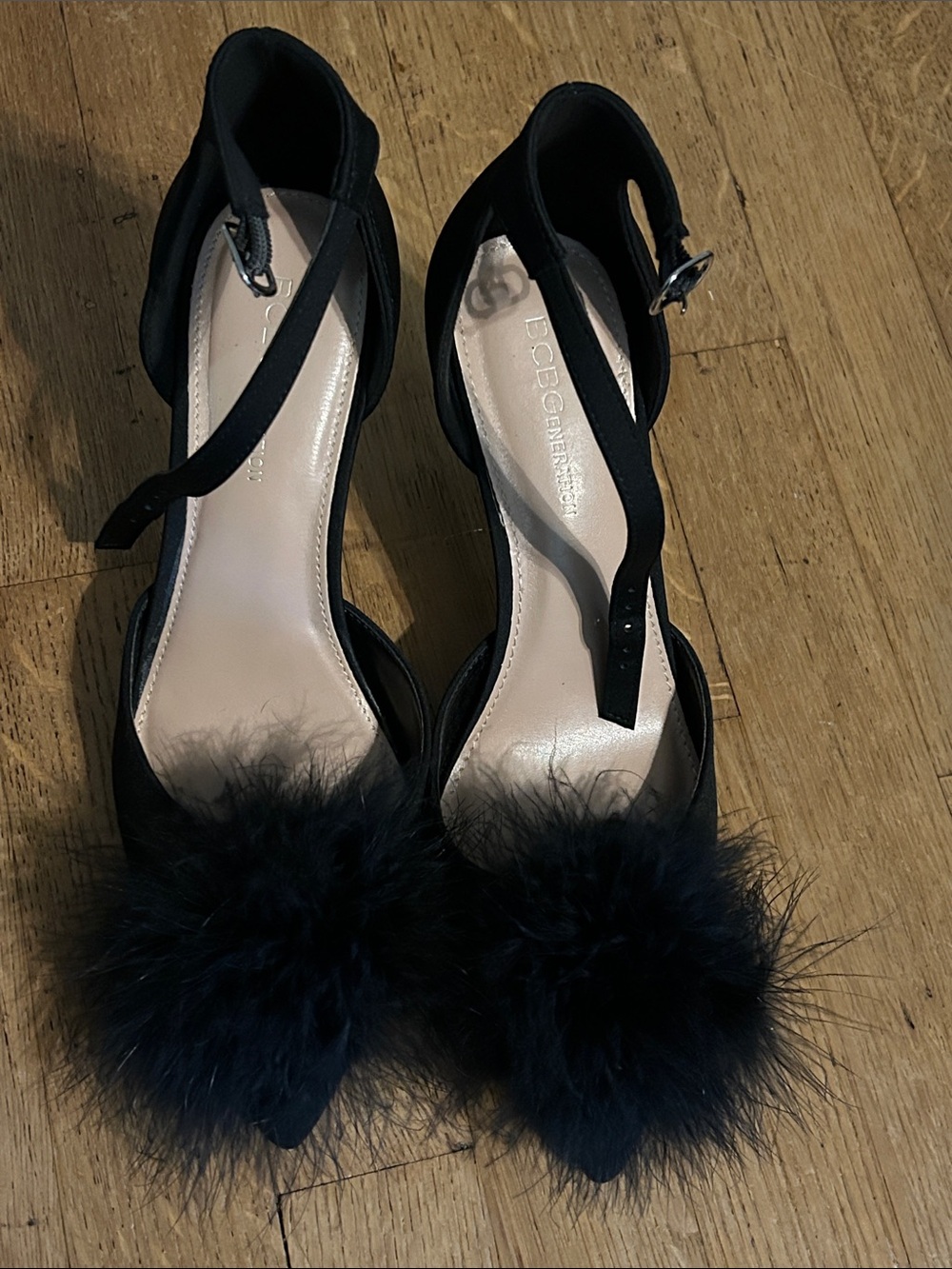 BCBG Black Fur Feather Pom Ankle-Strap Heels 9.5